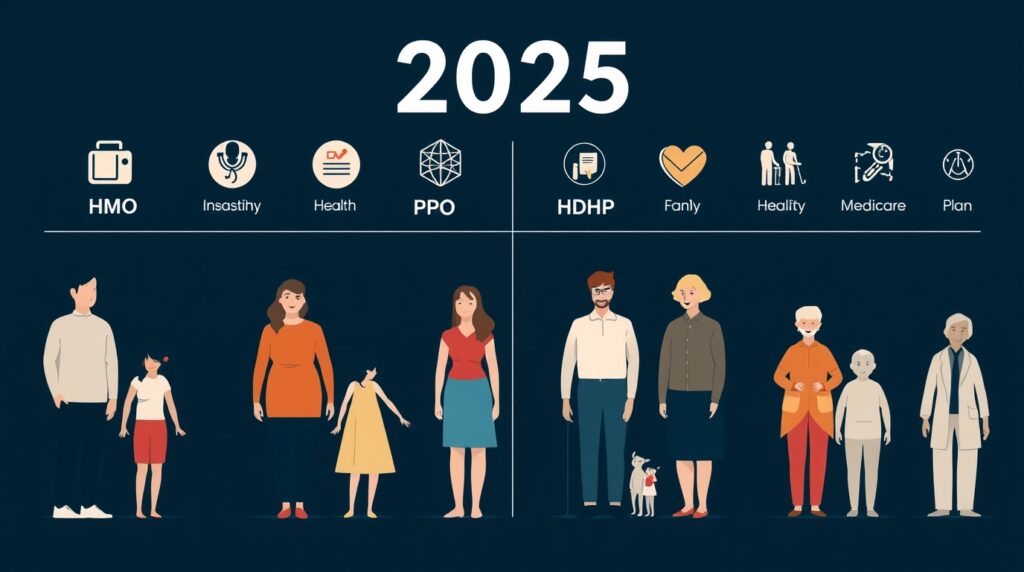 A modern, informative illustration of diverse health insurance options for 2025. The image should include symbols of various health plans, like HMO, PPO, HDHP, and Medicare, represented by icons such as stethoscopes, doctor consultations, medical forms, and insurance cards. Include imagery of healthy individuals, families, and elderly people to reflect the broad range of health plans. The design should be clean, professional, and visually appealing with a tech-inspired theme to reflect the evolution of healthcare in 2025.