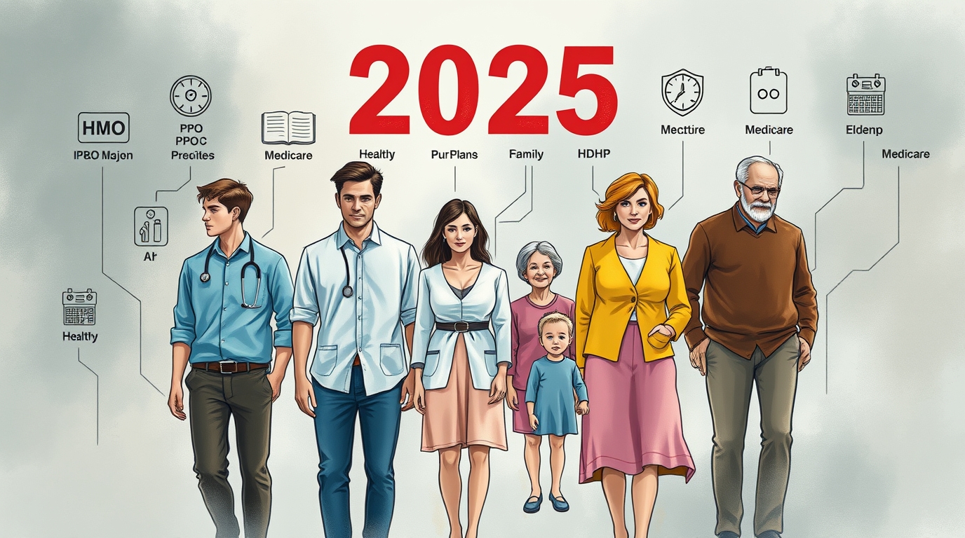 A modern, informative illustration of diverse health insurance options for 2025. The image should include symbols of various health plans, like HMO, PPO, HDHP, and Medicare, represented by icons such as stethoscopes, doctor consultations, medical forms, and insurance cards. Include imagery of healthy individuals, families, and elderly people to reflect the broad range of health plans. The design should be clean, professional, and visually appealing with a tech-inspired theme to reflect the evolution of healthcare in 2025.